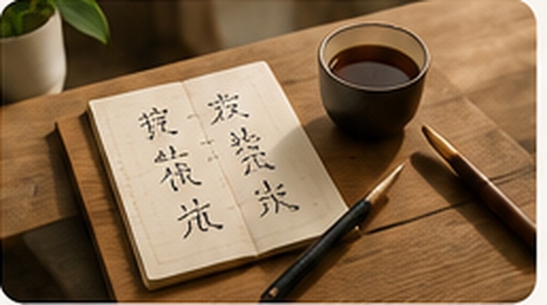 Chinesische Schriftzeichen, Pinsel und Tee als Symbol für Sprache und Kultur