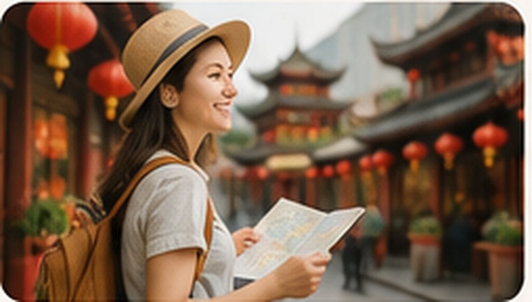 Reisende Frau auf einem chinesischen Markt mit Stadtplan